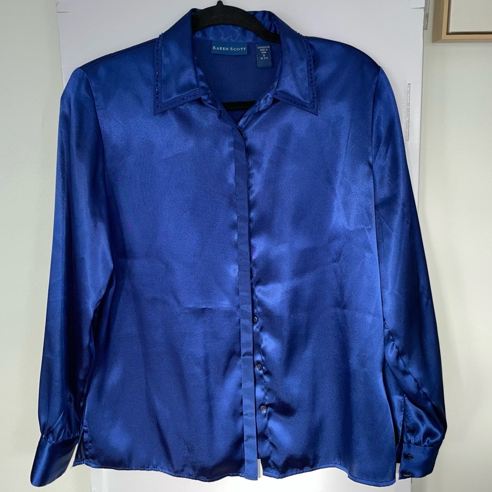 Vintage blue satin blouse with beaded collar size small